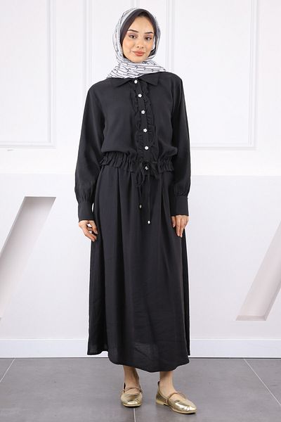 İmajButik Black Ruffled Front Modal Shirt Skirt Suit