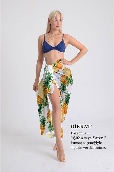 DESENİX Polka Dot Pineapple Print Pareo - 100X145Cm - Silky Chiffon & Luxurious Satin Fabric Option-Beach Dress