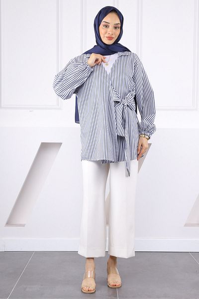 İmajButik Kimono alb cu dungi bleumarin cu cravată laterală