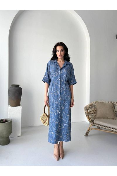 LE CARAMBOLE Rochie de damă albastră cu mânecă scurtă, cu nasturi în față