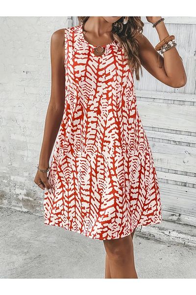 Masspera Zero Sleeve Round Neck Patterned Flounce Mini Dress