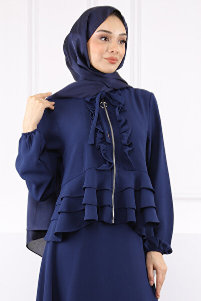 İmajButik Navy Blue Zippered Jacket Skirt Crepe Suit