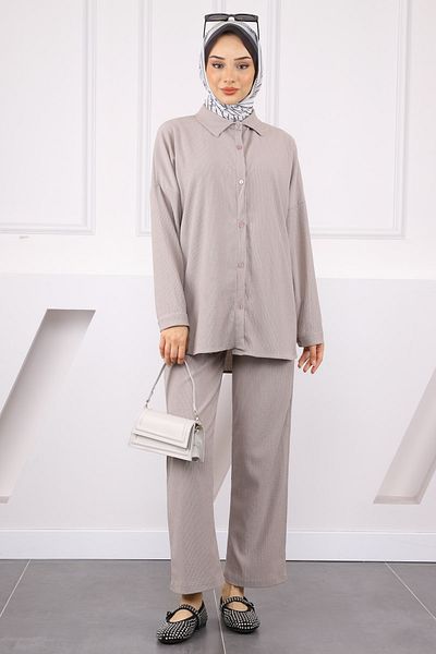 İmajButik Gray Wrinkled Shirt Pants Set