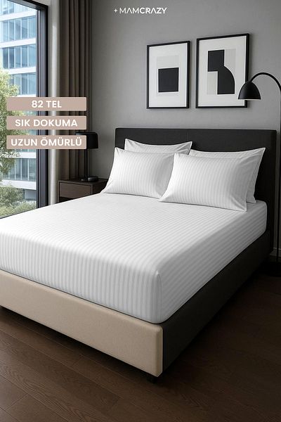 MamCrazy Satin Stripe 100% Cotton Satin Double Striped Fitted Sheet Set with Pillow 160X200+30