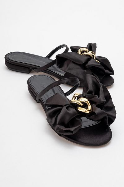 LuviShoes Rouge Black Satin Buckle Bow Women's Slippers