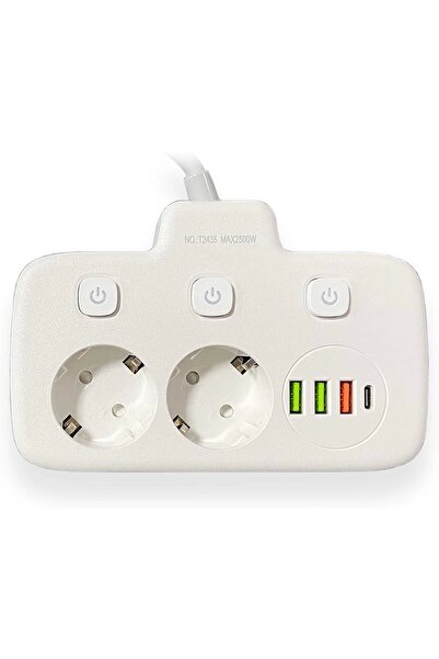 Vothoon Akım Korumalı 2'li Ayrı Anahtarlı Priz, 2x Priz, 3x USB, 1x Type-C, 2 mt Kablo, Hızlı Şarj