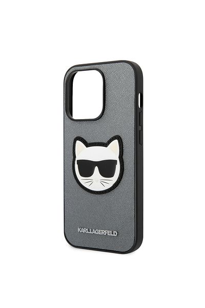 Karl Lagerfeld Carcasă pentru iPhone 14 Pro Max - Karl Lagerfeld Saffiano (KLHCP14XSAPCHG) - Cap de Choupette argintiu