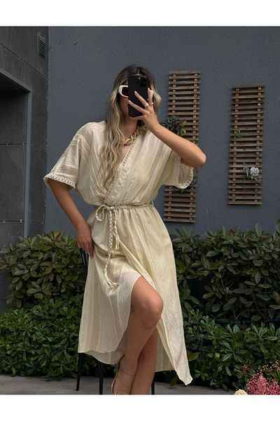 EGZOTİK ASORTİK Double Breasted Collar Mesh Belted Front Slit Lace Detailed Dress
