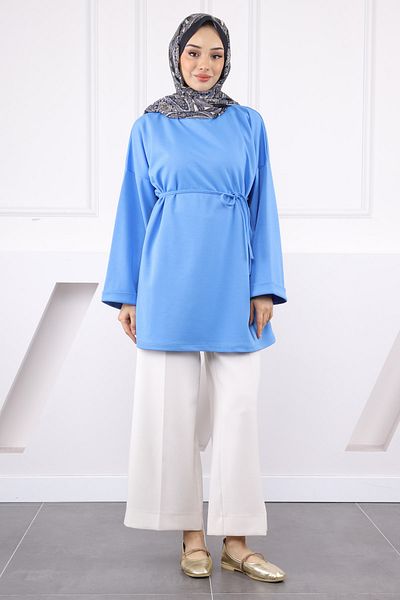 İmajButik Μπλε κρεπ τουνίκ με κορδόνι μέσης