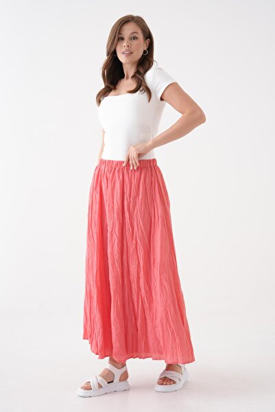 minaaise Women's Pomegranate Voile Fabric Crinkle Long Lined Skirt 29062