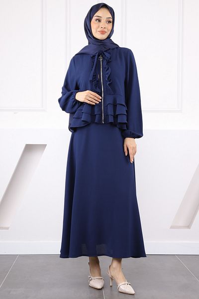 İmajButik Σετ κρεπ μπουφάν με φερμουάρ Navy Blue με φούστα