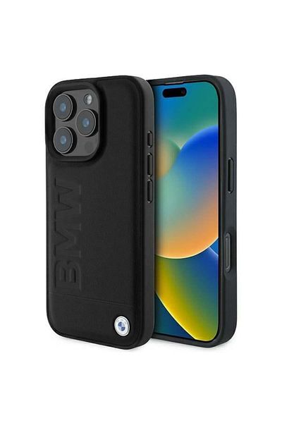 BMW IPhone 16 Pro Case - BMW Natural Leather Hot Stamp (BMHCP16LSLLBK) - Black