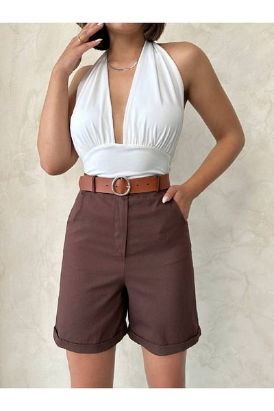 Bleu Petite - Pantaloni scurți de damă din Gabardină cu centură înaltă