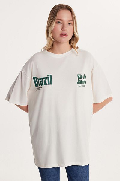 Tudors Tricou Ecru cu mânecă scurtă, cu mânecă scurtă, cu croială relaxată, cu imprimeu