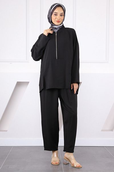İmajButik Black Collar Zippered Tunic Trousers Suit