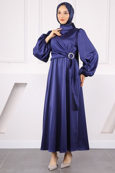 İmajButik Βραδινό φόρεμα με σατέν μπλε μπλέ με αγκράφα