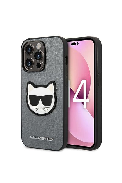 Karl Lagerfeld Carcasă pentru iPhone 14 Pro Max - Karl Lagerfeld Saffiano (KLHCP14XSAPCHG) - Cap de Choupette argintiu