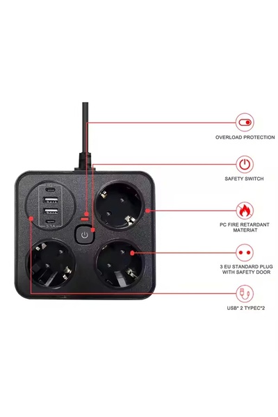 Vothoon Akım Korumalı Anahtarlı Priz - 3X Priz - 2X Usb - 2X Type-C - 2 mt Kablo Hızlı Şarj Özellikli Siyah