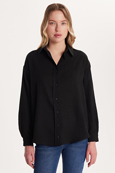 Tudors Kadın Slim Fit Dar Kesim Uzun Kollu Klasik Yaka Siyah Gömlek