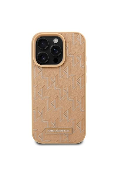Karl Lagerfeld IPhone 16 Pro Case - Karl Lagerfeld Leather MagSafe (KLHMP16LPKHPORPE) - Beige Monogram Metal Logo