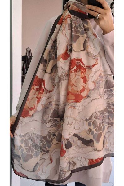 AMİNENESİL Aminenesil Floral Beige Orange Color Shawl