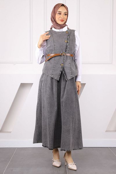 İmajButik Smoked Waist Belt Vest Skirt Denim Suit