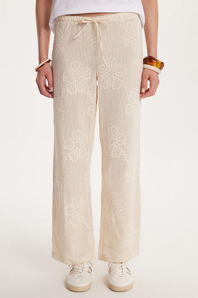 Tudors Women's Relax Fit Relaxed Cut Waist Tie Embroidered Beige Trousers