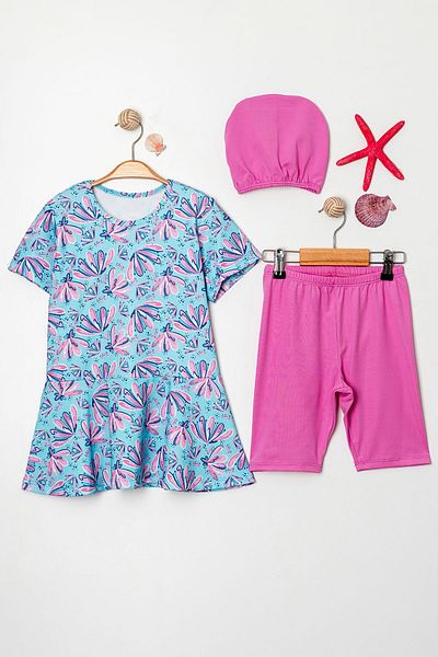Beniizle Set de trei costume de baie pentru fete cu fustă cu volan și bonetă cu model