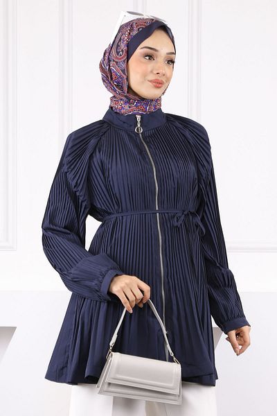 İmajButik Μπουφάν με φερμουάρ σε μπλε ναυτικό πλισέ