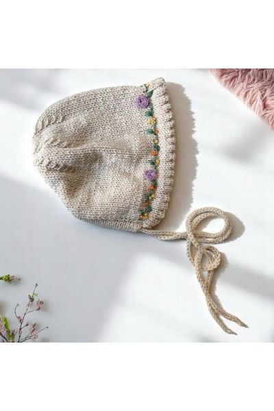 The Cloudish Shop Hand Knitted Knitted Laura Lora Pompom Baby Beanie - Hat Bonnet Mercerized Cream Flower Embroidery Embroidered