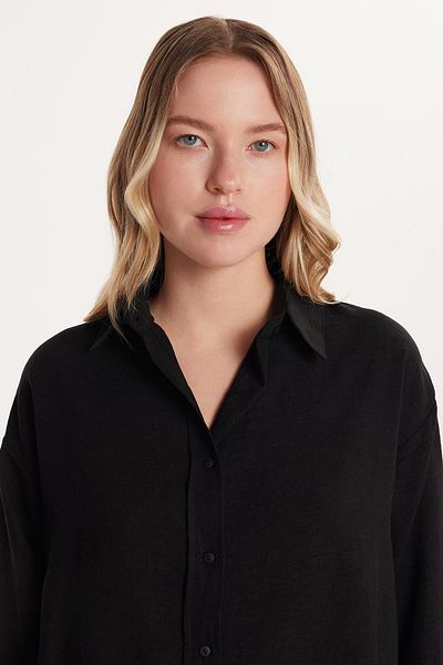 Tudors Cămașă neagră cu mânecă lungă, cu guler clasic, slim fit pentru femei