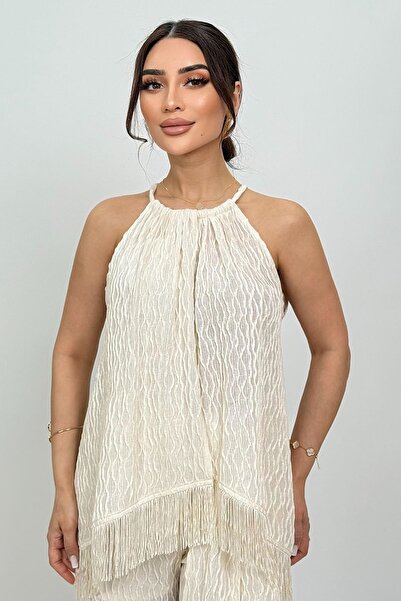 FEVER Boyundan bağlamalı püskül detaylı asimetrik bluz