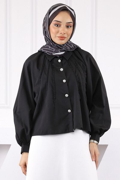 İmajButik Μαύρο κοντό πουκάμισο με λεπτομέρεια μπροστά