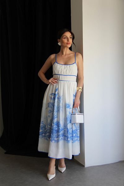 Julidress Rochie lungă de in cu căptușeală cu bretele albastre și albe