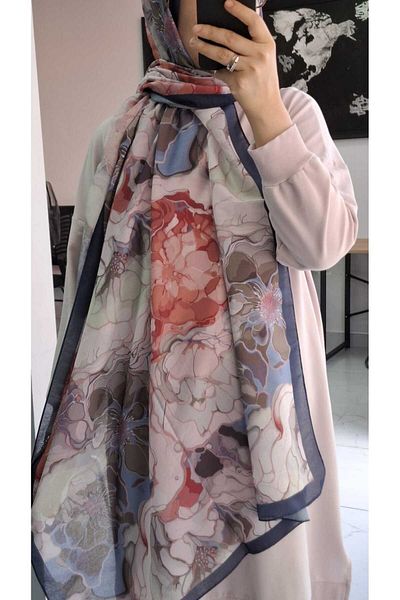 AMİNENESİL Aminenesil Floral Beige Orange Navy Blue Color Shawl