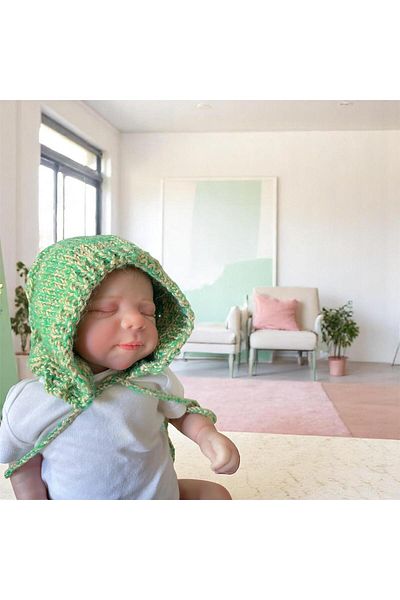 The Cloudish Shop Hand Knitted Laura Lora Baby Beanie - Hat Bonnet 0-2 Years Old Green Beige Sequined Rope