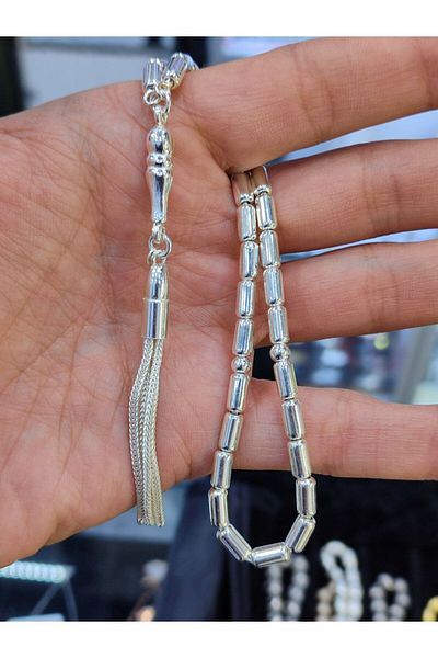 MODA925 925 Sterling Silver Capsule Cut Silver Rosary