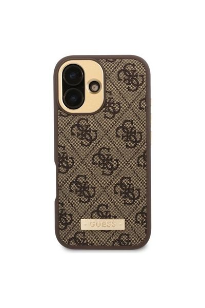 Guess Case for iPhone 16 - Guess Hardcase 4G Logo Plate MagSafe (GUHMP16SU4GPRW) - Brown
