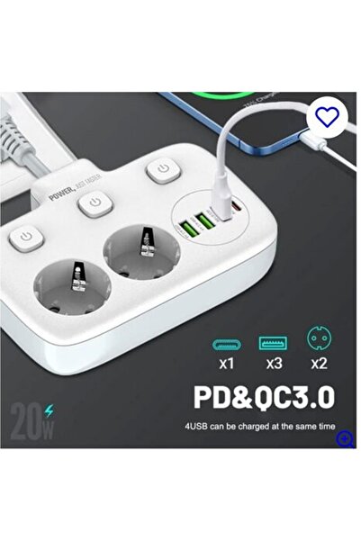 Vothoon Akım Korumalı 2'li Ayrı Anahtarlı Priz, 2x Priz, 3x USB, 1x Type-C, 2 mt Kablo, Hızlı Şarj