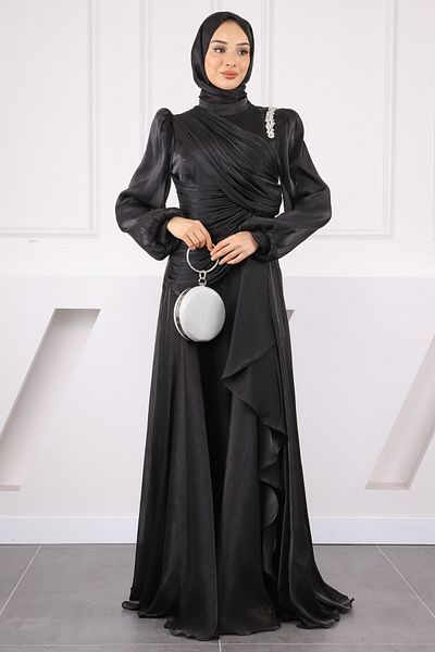 İmajButik Βραδινό φόρεμα σιφόν με ντραπέ μαύρη πέτρα