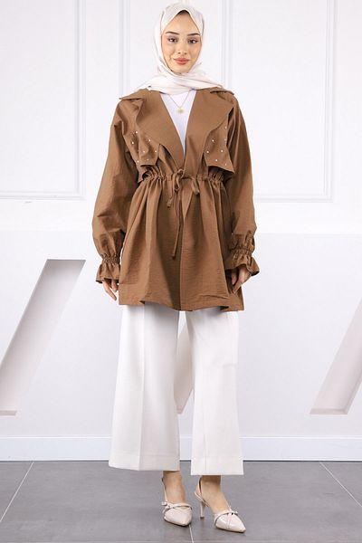 İmajButik Καφέ μπουφάν με διπλό γιακά με πέτρες μπροστά
