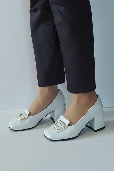 ERS Air Comfort Women's White Genuine Leather Classic Heeled Shoes Blunt Toe Buckle Detailed