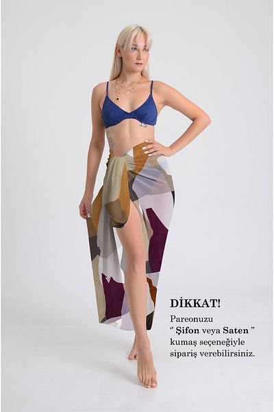 DESENİX Modern Geometric Pattern Pareo - 100X145 Cm- Silky Chiffon & Luxurious Satin Fabric Option- Beach Dress