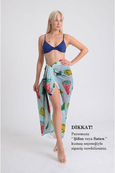 DESENİX Summer Fruits Print Pareo - 100X145 cm - Silky Chiffon & Luxury Satin Fabric Option - Beach Dress