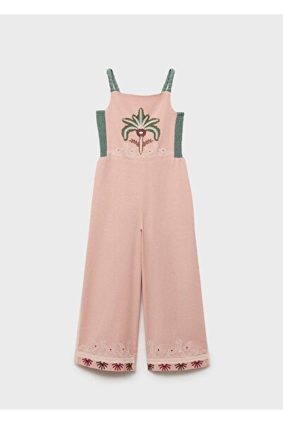 MANGO Kids Çiçek işlemeli keten tulum