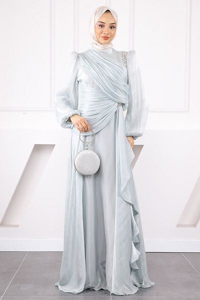 İmajButik Βραδινό φόρεμα σιφόν με ντραπέ από πέτρα μέντας