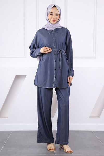 İmajButik Σετ παντελόνι τζιν Navy Blue Cotton Tunic