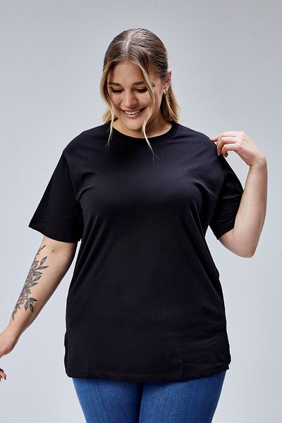 BANEGA Curve Large Size Black Boyfriend Crew Neck Slit 100% Cotton T-Shirt