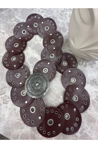 MELTEM TUĞAN Embossed Metal Buckle Belt Claret Red