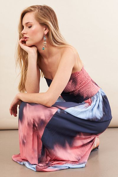 Cool & Sexy Rochie lungă pliată fără bretele Indigo-Powder pentru femei MSİ100